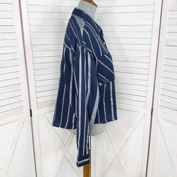 Sandy & Sid Striped Long Sleeve‎ Button Up Crop Shirt Blue White Large - Picture 3 of 12